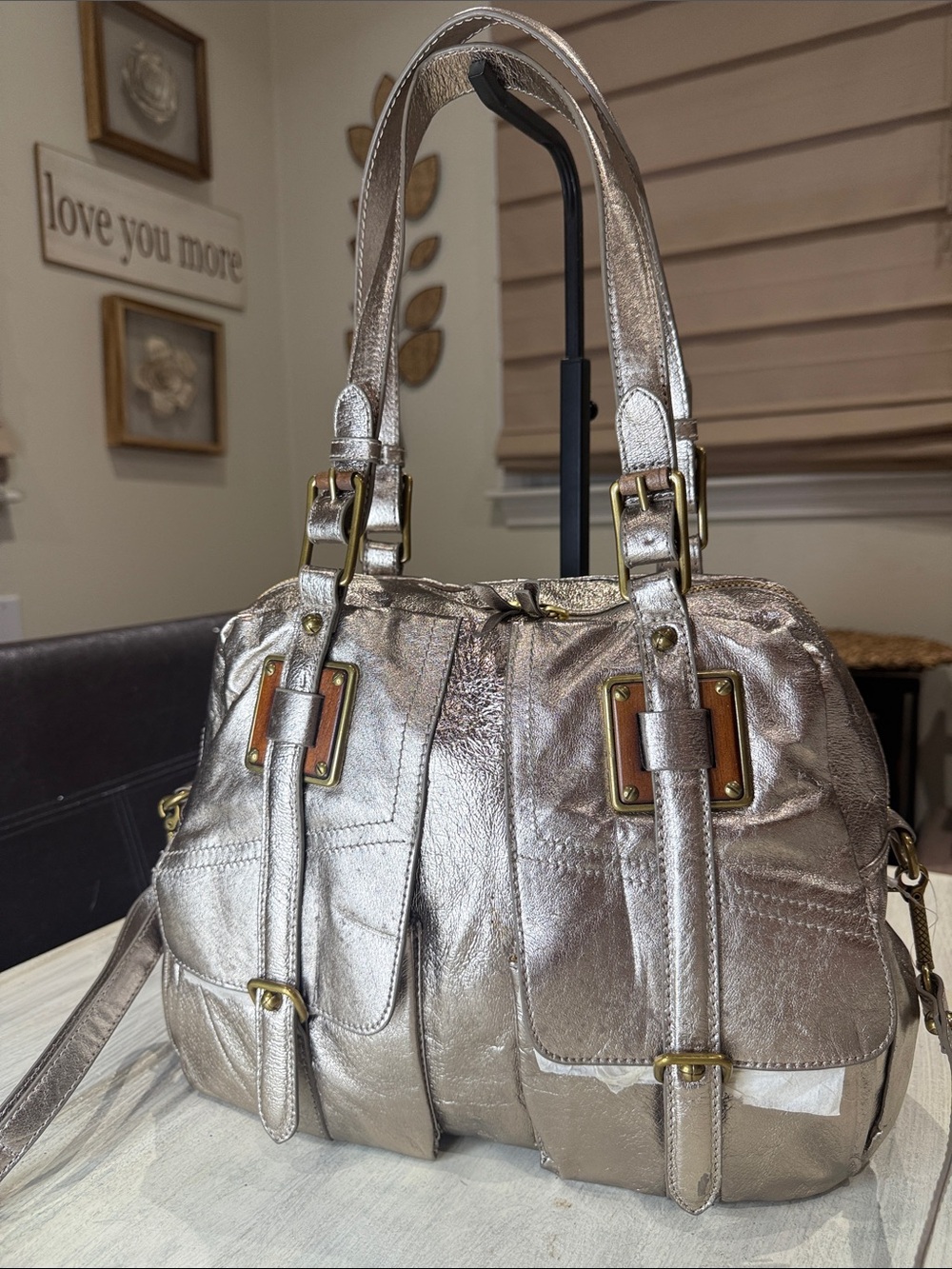 Vintage Y2K Elliott Lucca Metallic Silver Satchel/Crossbody Bag